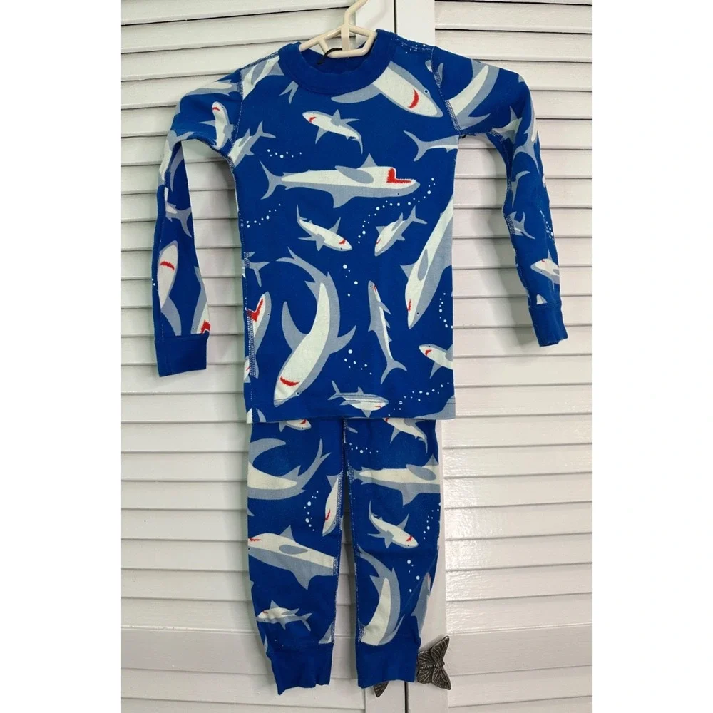 Hanna Andersson Size 110 5-6 Blue Shark Print Organic Cotton Long John Pajamas